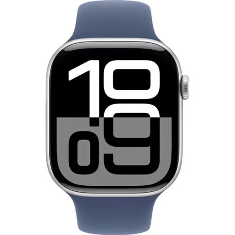 Apple Watch S10 caja de aluminio en plata y correa banda deportivo en color denim 46 mm